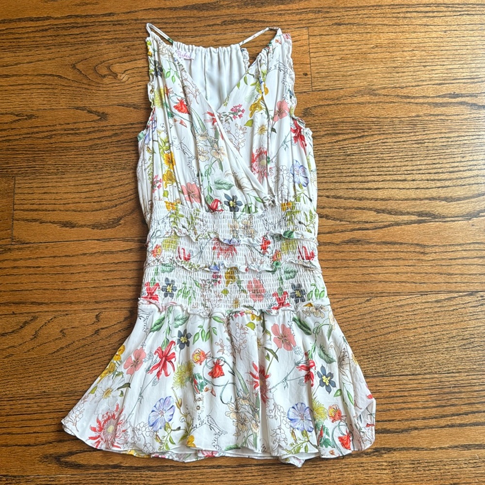Parker High Neck Silk Mini Dress White & Floral multi colored dress Size Small